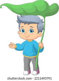 The cute boy is holding the big leaf and standing under on the leaf of illustration