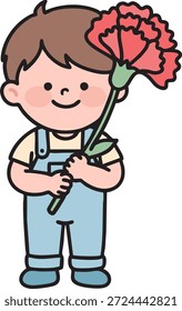 Menino bonito segurando uma grande flor de cravo vermelho representando a gratidão. Vetor de ilustração do mês da família.