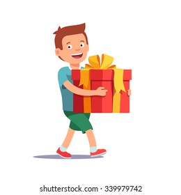 Cute boy holding big ribbon bow wrapped gift box in front of him in arms. Flat style vector illustration isolated on white background.