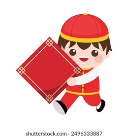 Cute boy holding blank blessing card for Chinese new Year celebration
