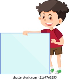 Cute boy holding blank board in cartoon style illustration