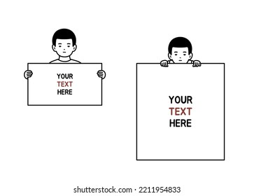 Cute boy are holding a blank memo board. White board style frame and young male. White card board. Space for message. Simple line drawing. Modern flat vector illustration. Hand drawn style.