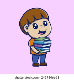 Cute boy holding book cartoon icon illustration. Study icon concept. Flat cartoon style