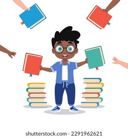 Cute boy holding books. Vector illustration