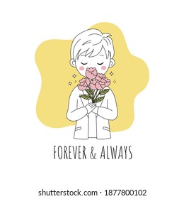 Cute boy holding a bouquet of flower to propose his girlfriend. Valentine's day greeting card. Minimalistic hand drawn doodle vector.