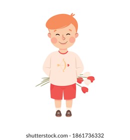 Cute Boy Holding Bouquet of Tulips Behind his Back, Adorable Child Character with Romance Feelings Symbol, Happy Valentines Day Concept Cartoon Vector Illustration