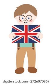Cute Boy Holding British Flag, Flat Cartoon Illustration