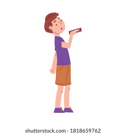 Cute Boy Holding Candy Bar, Child Buying Sweets Cartoon Style Vector Illustration On White Background