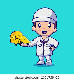 Cute Boy Holding Cheese Cartoon Vector Icon Illustration. People Education Icon Concept Isolated Premium Vector. Flat Cartoon Style