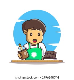 Cute Boy holding Chocolate Drink with Chocolate Cartoon Vector Illustrations. World Chocolate Day Icon Concept Isolated Premium Vector
