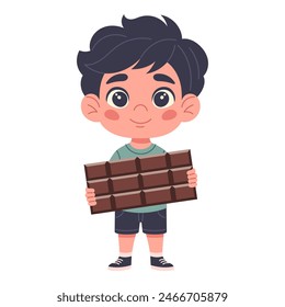 Cute boy holding chocolate, on white background, hand-drawn. Children character in cartoon style for card design, decor, print and kids collection