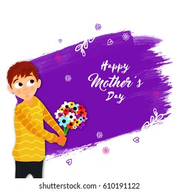 Cute Boy holding colorful flowers bouquet for Happy Mother's Day celebration on abstract brush stroke background.