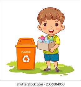 Cute boy holding a container with plastic bottles to the recycle bin. Environment concept. Eco friendly. Vector Illustration