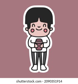 Cute boy holding cup of coffee cartoon doodle. illustration for t shirt, poster, logo, sticker, or apparel merchandise.