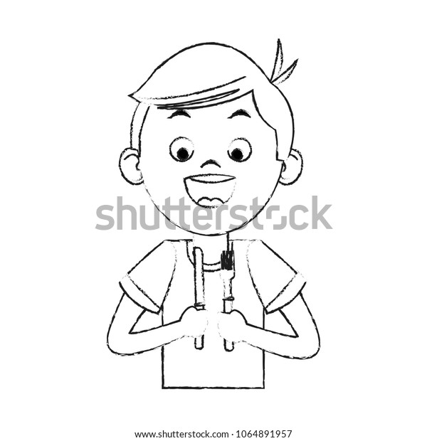 Cute Boy Holding Cutlery Sketch Stock Image Download Now