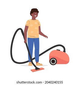 Cute boy holding electric vacuum cleaner pipe in his hands ready for house cleaning. Kid helps cleaning floor at home. Housekeeping activity. Cartoon vector flat style illustration. 