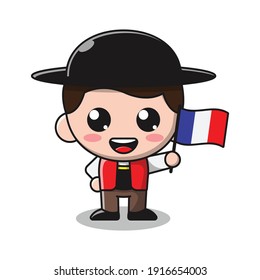 Cute Boy Holding Flag of Frech Cartoon Illustration