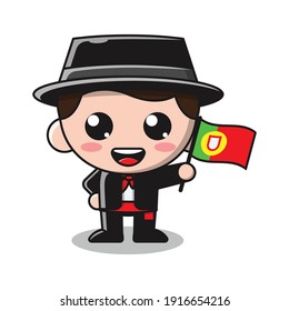 Cute Boy Holding Flag of Portugal Cartoon Illustration