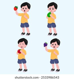 Cute boy Holding Fruits in Different Poses