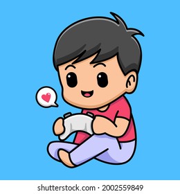 Cute boy holding game controller cartoon illustration