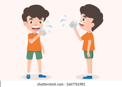 Cute boy holding glass of kid drinking water. Smiling standing boy kids enjoying drinking water holding glasses. Emotionally be smile. 
 health and medical Vector Illustration on White background.