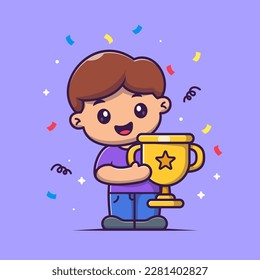 Cute Boy Holding Gold Trophy Cartoon Vector Icon Illustration. People Education Icon Concept Isolated Premium Vector. Flat Cartoon Style