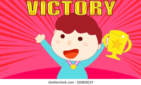Cute boy holding a gold trophy, wearing medal lanyard ribbon strap. Award gift prize for champion winner. Comic style starburst decoration background. 3D effect victory logo banner title header text.