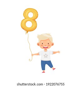 Cute Boy Holding Golden Number Shaped Balloon by the String Vector Illustration