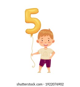 Cute Boy Holding Golden Number Shaped Balloon by the String Vector Illustration