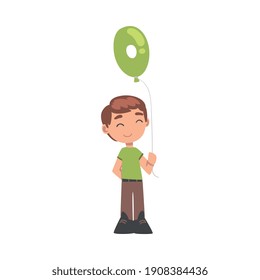 Cute Boy Holding Green Balloon Shaped as 0 Number Cartoon Style Vector Illustration
