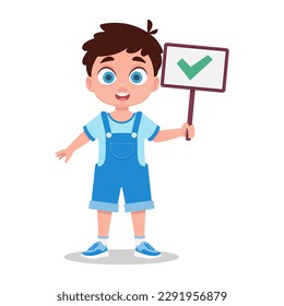Cute boy holding green tick sign