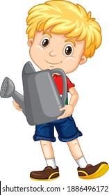 Cute boy holding grey watering can illustration