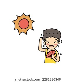 cute boy holding handle fan feeling so tired, hot weather at summer season