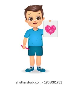 cute boy holding heart drawn paper vector