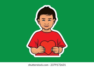 Cute Boy Holding Heart with Showing Emotion Sticker design vector illustration. People holiday icon concept. People holding hearts. People expressing love concept.