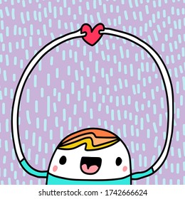 Cute boy holding heart symbol love form by hand vector illustration textured background doodle style violet
