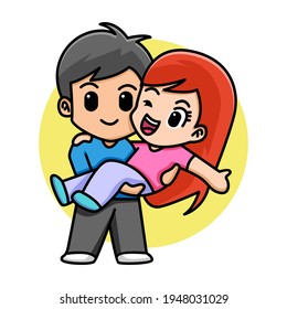 Cute boy holding his girlfriend, valentine concept, cartoon illustration