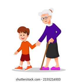 cute boy holding his grandmothers hand while walking