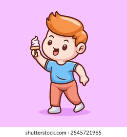 Cute Boy Holding Ice Cream Cartoon Vector Icon Illustration. 
People Food Icon Concept Isolated Premium Vector. Flat 
Cartoon Style 