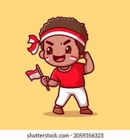 Cute Boy Holding Indonesian Flag Cartoon Vector Icon Illustration. People Holiday Icon Concept Isolated Premium Vector. Flat Cartoon Style