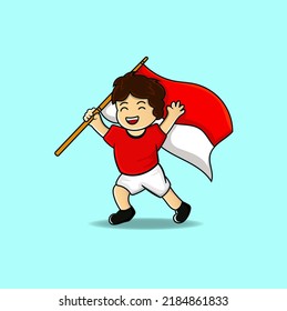 Cute boy holding indonesian flag cartoon vector icon illustration