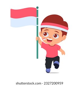 Cute boy holding Indonesian flag, Happy pose