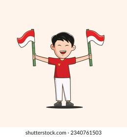 Cute Boy Holding Indonesian Flag Cartoon Vector Icon Illustration. independence day 17 august. Flat Cartoon Style