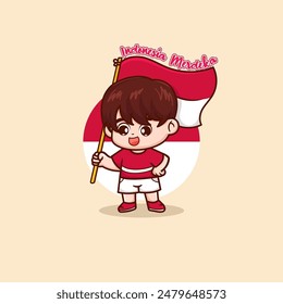 Cute Boy Holding Indonesian Flag Cartoon Vector Icon Illustration. People Holiday Icon Concept Isolated Premium Vector. Flat Cartoon Style