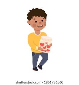 Cute Boy Holding Jar Full of Hearts, Adorable Child Character with Romance Feelings Symbol, Happy Valentines Day Concept Cartoon Vector Illustration