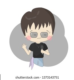 Cute boy holding karaoke microphone waving and smile, Handsome singer with sun glasses.