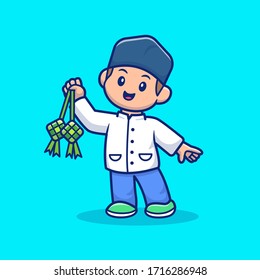 Cute Boy Holding Ketupat Vector Icon Illustration. Ramadan Mascot Cartoon Character. Person Icon Concept White Isolated. Flat Cartoon Style Suitable for Web Landing Page, Banner, Flyer, Sticker