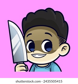 cute boy holding knife emotes sticker cartoon vector illustration