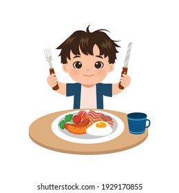 Cute Boy Holding Knife And Fork To Eat Breakfast Set. Flat Vector Cartoon Isolated