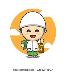 Cute boy holding lantern and book cartoon vector illustration. Ramadan cartoon mascot vector illustration.